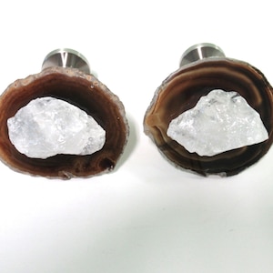 Set of Two (2) Curtain Tiebacks - Brown Agate Juxtaposed Natural Rough Clear Quartz Stone Curtain Holdback - Home Décor