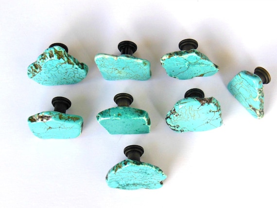 Turquoise Cabinet Knobs Free Form Stone Slab Pulls Etsy