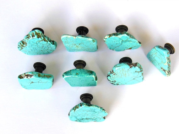 Turquoise Cabinet Knobs Free Form Stone Slab Pulls Etsy