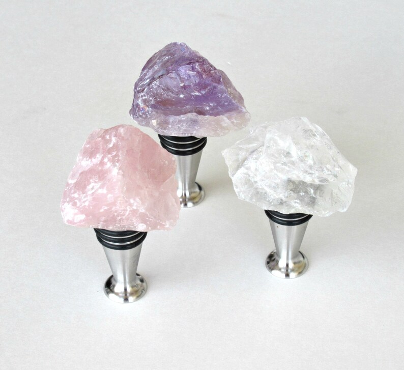 Rough Stone Bottle Stopper Self-Stand Polished Stainless Steel Wine Stopper Home Décor Set of 3 Stones