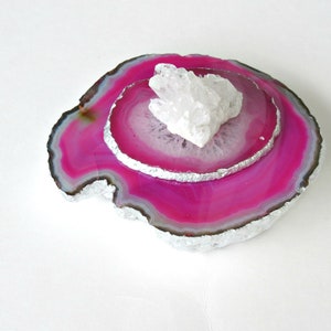 Glam Vibrant Pink Agate Tealight Candle Holder - Agate Lid Topped with Sparkling Crystal Quartz Cluster Stone - Silver Leafed - Home Décor