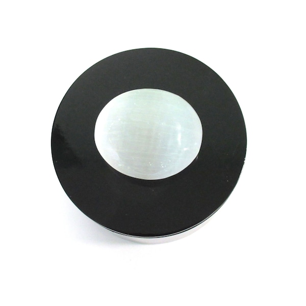 Black Round Lacquered Box - Topped with Large Selenite Stone - Home Decor