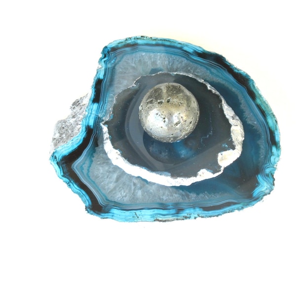 Turquoise Teal Agate Tealight Candle Holder - Agate Lid Topped with Pyrite Sphere Mineral - Silver Leafed - Home Décor