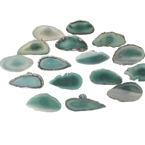 May include: A collection of polished agate slices in shades of teal, green, and white. The slices vary in shape and size, with a natural, organic appearance. Some have a silver-colored edge.