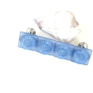 May include: Four blue glass cabinet knobs with a sand dollar design. The knobs are attached to a silver metal base.