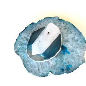 Large Teal White Crystals Agate Tealight Candle Holder - Agate Lid - Topped with Tourmilated Quartz Obelisk - Silver Leafed - Home Décor