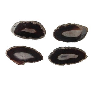 May include: Four polished agate slices, each showcasing a dark brown outer band, a lighter brown middle layer, and a central white oval. The natural stone pieces are displayed against a white background.