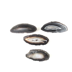 May include: Four polished agate slices with concentric bands of gray, white, and brown. The natural stone pieces have a rough, textured outer edge and a smooth, polished interior. The slices vary in size and shape, showcasing the unique patterns.