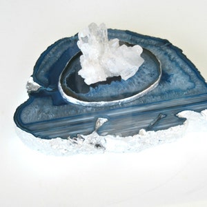 Glam Large Blue Agate Tealight Candle Holder - Agate Lid Topped with Sparkling Crystal Quartz Cluster Stone - Silver Leafed - Home Décor
