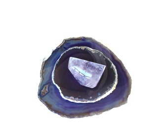 Purple Agate Tealight Candle Holder - Agate Lid - Topped with Faceted Amethyst Crystal Stone - Silver Leafed - Home Décor