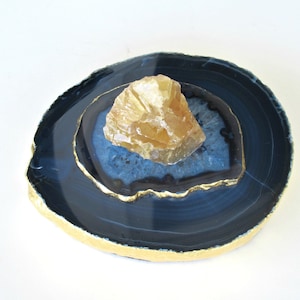 Navy Blue Agate Tealight Candle Holder - Agate Lid Topped with Rough Honey Gold Calcite Stone - Gold Leafed - Home Décor