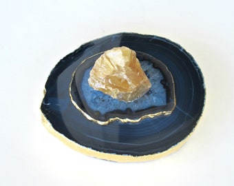 Navy Blue Agate Tealight Candle Holder - Agate Lid Topped with Rough Honey Gold Calcite Stone - Gold Leafed - Home Décor