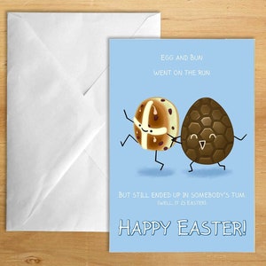 Tarjeta de felicitación impresa con huevo y panecillo para Pascua. Se puede enviar directamente al destinatario.