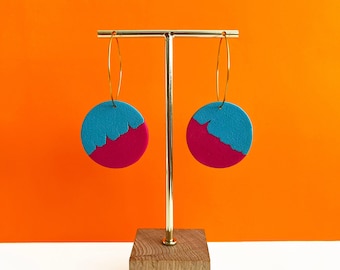 Colorful Geometric Polymer Clay Statement Earrings | Modern | Bold | Abstract | Artsy | Minimalist | Color Block | Hoop | Turquoise | Pink