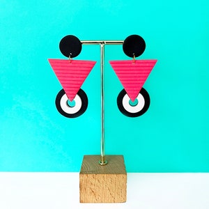 Colorful Geometric Polymer Clay Statement Earrings | Abstract | Modern | Bold | Triangle | 80s | 90s | Mid Century | Pink | Chartreuse