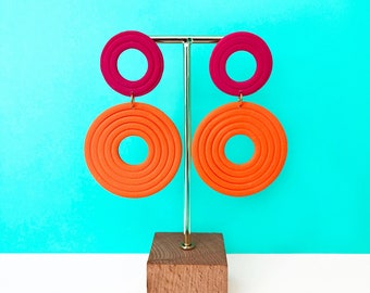 Colorful Geometric Polymer Clay Statement Earrings | Hoop | Modern | Bold | Funky | Color Block | 80s | Red | Purple | Orange | Pink