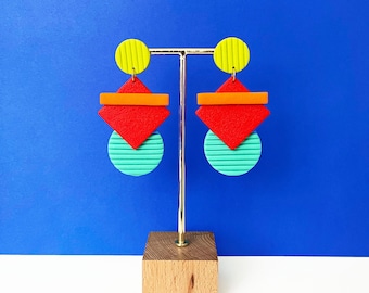 Colorful Geometric Polymer Clay Statement Earrings | Abstract | Modern | Bold | 80s | 90s | Funky | Turquoise | Red | Orange | Chartreuse