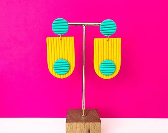 Colorful Geometric Polymer Clay Statement Earrings | Bold | Modern | Minimalist | 80s | Funky | Color Block | Textured | Yellow | Pink