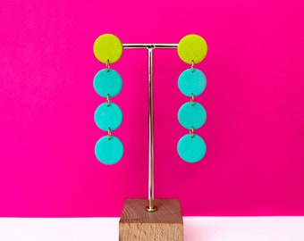 Colorful Geometric Polymer Clay Statement Earrings | Bold | Modern | Minimalist | Mid Century | Shoulder Duster | Color Block | Blue | Aqua