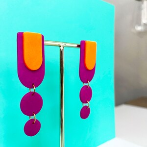 Colorful Geometric Polymer Clay Statement Earrings Abstract Modern 60s 70s Pucci Minimalist Purple Orange Chartreuse image 2