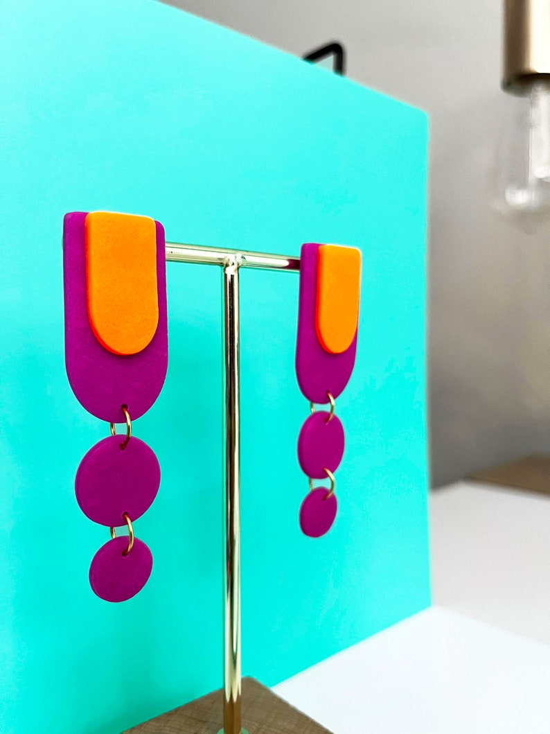 Colorful Geometric Polymer Clay Statement Earrings Abstract Modern 60s 70s Pucci Minimalist Purple Orange Chartreuse image 2