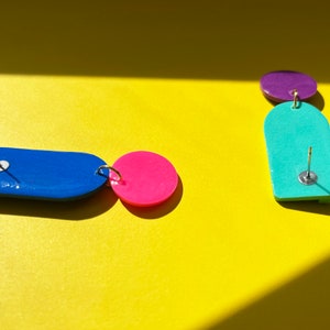 Colorful Asymmetric Polymer Clay Statement Earrings Geometric Abstract Bold Deco Bauhaus Minimalist 80s Blue Pink Aqua image 4
