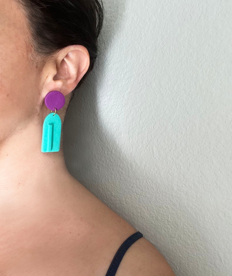 Colorful Asymmetric Polymer Clay Statement Earrings Geometric Abstract Bold Deco Bauhaus Minimalist 80s Blue Pink Aqua image 5