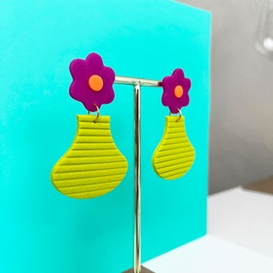 Colorful Flower Polymer Clay Statement Earrings Bold Geometric Abstract Modern Van Gogh Yellow Blue Purple Chartreuse image 2
