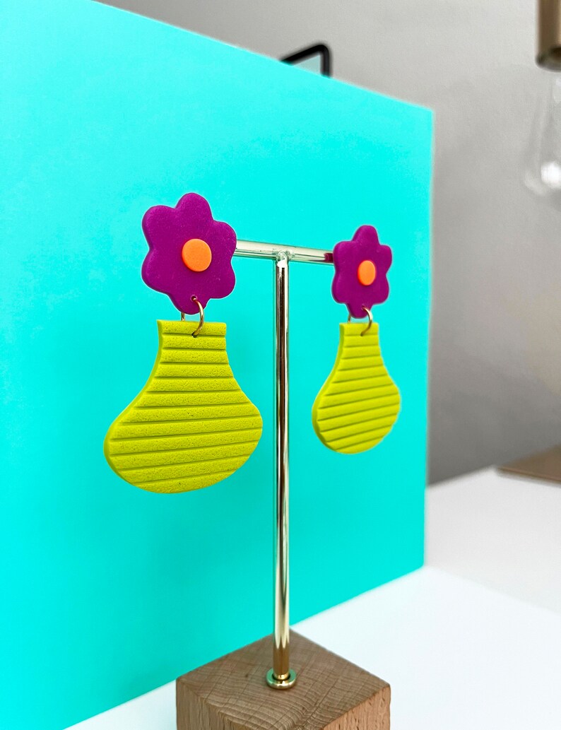 Colorful Flower Polymer Clay Statement Earrings Bold Geometric Abstract Modern Van Gogh Yellow Blue Purple Chartreuse image 2