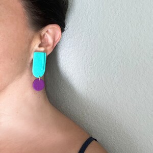 Colorful Asymmetric Polymer Clay Statement Earrings Geometric Abstract Bold Deco Bauhaus Minimalist 80s Blue Pink Aqua image 6