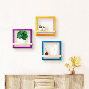 Square Framed Floating Shelf: Birch Wood Plant Display, 13x13