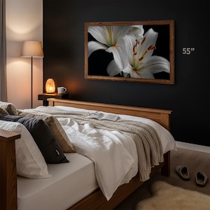 55 inch tv frame pine samsung frame tv frame pine 55 black wall, moody bedroom interior, early american tv bezel Lilly flower tv art with black background frame tv frame 55 undine gallery tv frame  samsung the frame 55