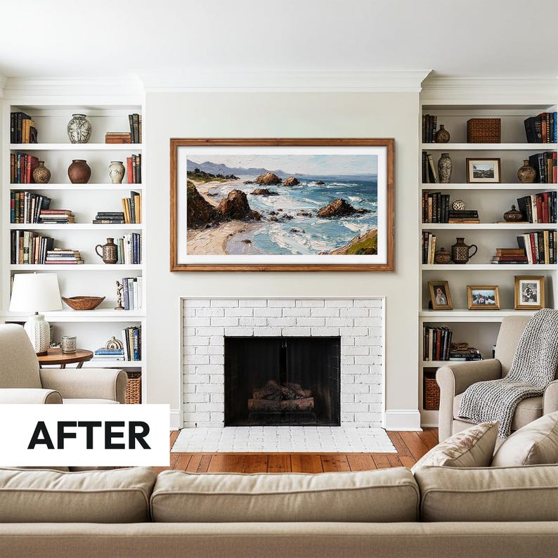 white american living room with a fireplace and beige u shaped sofa, bult in white bookshelves on both of fireplace sides, natural stained wooden frame with abstract landscape ocean tv art