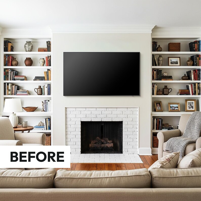 white american standard living room with white brick fireplace and black inside, built in white bookshelves with orange stained wooden floors before