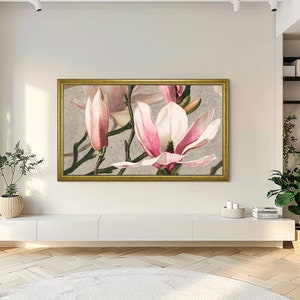 Samsung picture frame tv in light interior design, vintage flower art