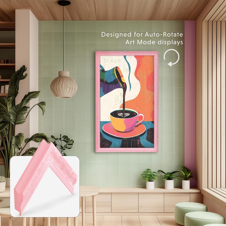 Baby Pink Ornate Frame, Pink Tv Frame, Coffee shop Tv Frame, Cafe Tv Frame, sage green and pink coffee shop, vertical tv art mode, ornate frame tv frame 75, vertical Frame tv, 43 frame tv frames 65