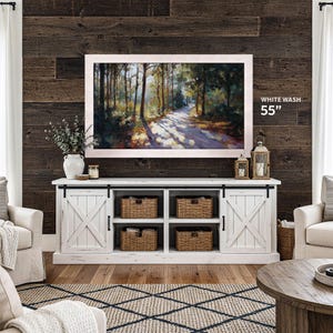 white oak tv Frame 55 on a dark wooden plank wall, white farmhouse tv console, farmhouse decor, wooden bezel tv frame tcl nxtframe and Samsung The Frame oak white stain
