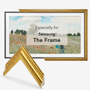 Tv wood frame made especially for Samsung The Frame tv with vintage landscape oil painting, frame sample corner