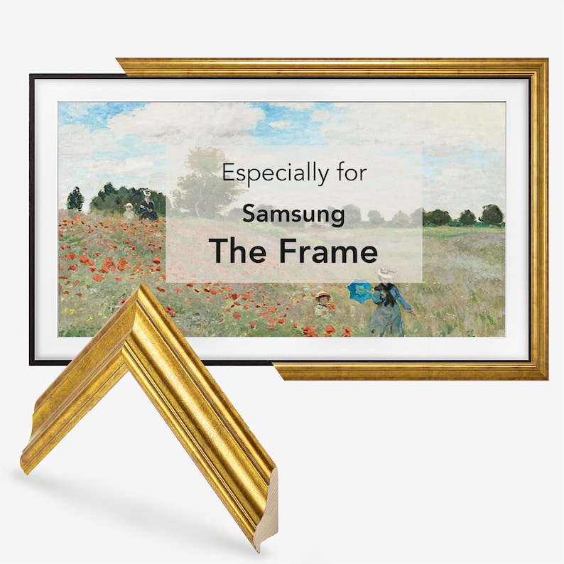 Tv wood frame made especially for Samsung The Frame tv with vintage landscape oil painting, frame sample corner