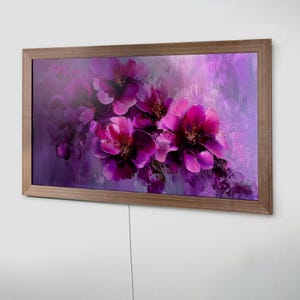 best frames for tvs, high quality tv frame, 65 inch frame tv made from wood, walnut tv frame art flowers, painted purple tv frame art with flowers
