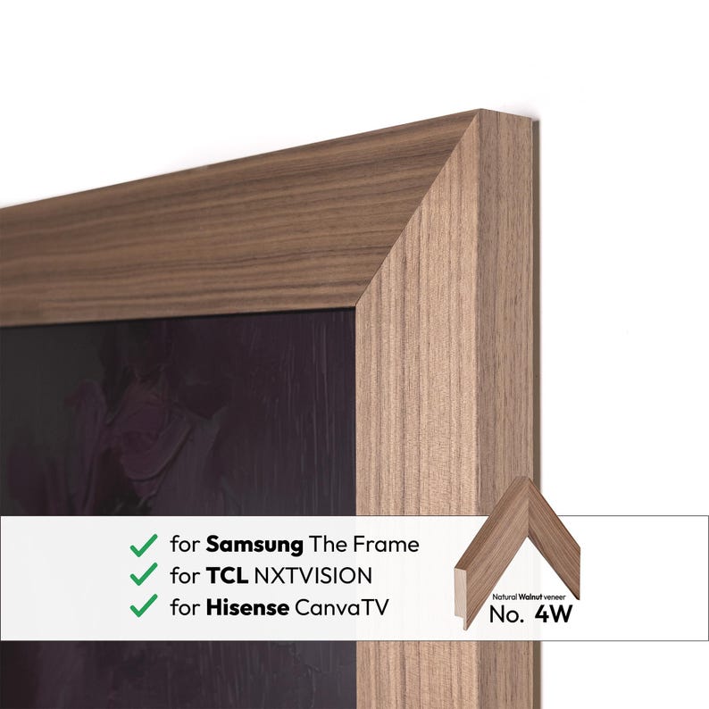 Walnut tv frame bezel for Samsung The Frame, tcl and hisense canvastv. Solid wood frame for custom tv frames.