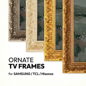 Puede incluir: Marcos de TV ornamentados en varios colores, incluyendo plata, crema y oro. Los marcos tienen tallas decorativas detalladas y están diseñados para televisores Samsung, TCL y Hisense. La imagen muestra un primer plano de los marcos.