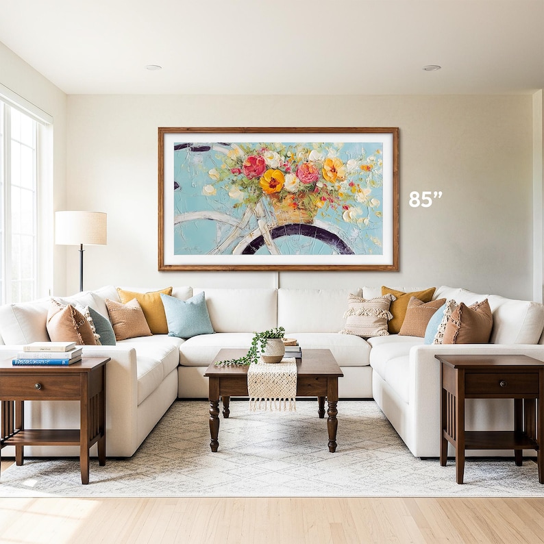 natural wood tv frame 85 inch Samsung tv bezel on a white wall, boho living room interior with huge u shaped corner sofa, early american furniture matching the tv frame with summer tv art hisense canvas frame