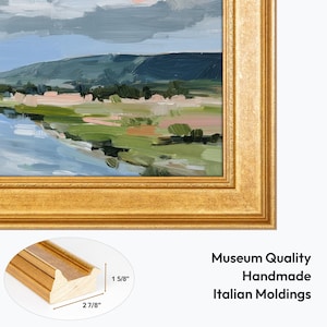 Gold TV Frame close up corner, gilded wooden moldings for tv frames 55, 65, 75, 85. Inside the tv frame is an abstract landscape tv art.