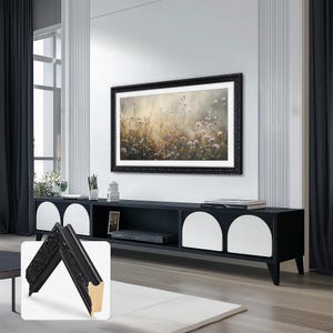 art deco tv console, art deco interior, art deco tv frame, black ornate tv frame 55 inch