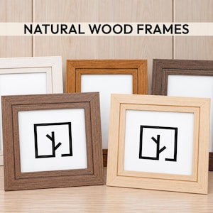 May include: A collection of five rectangular picture frames in various shades of natural wood, including light, medium, and dark tones. Each frame features a white insert with a black square icon containing a stylized tree branch graphic. The text NATURAL WOOD FRAMES is displayed at the top.