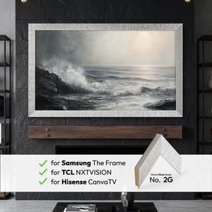 Moldura moderna prateada para TVs Samsung The Frame, TCL NXTVision e Hisense CanvasTV.