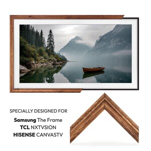tv frame for tcl nxtvision bezel and Samsung The Frame handmade frames. Proffessional mountain photography with a boat and mountains tv art