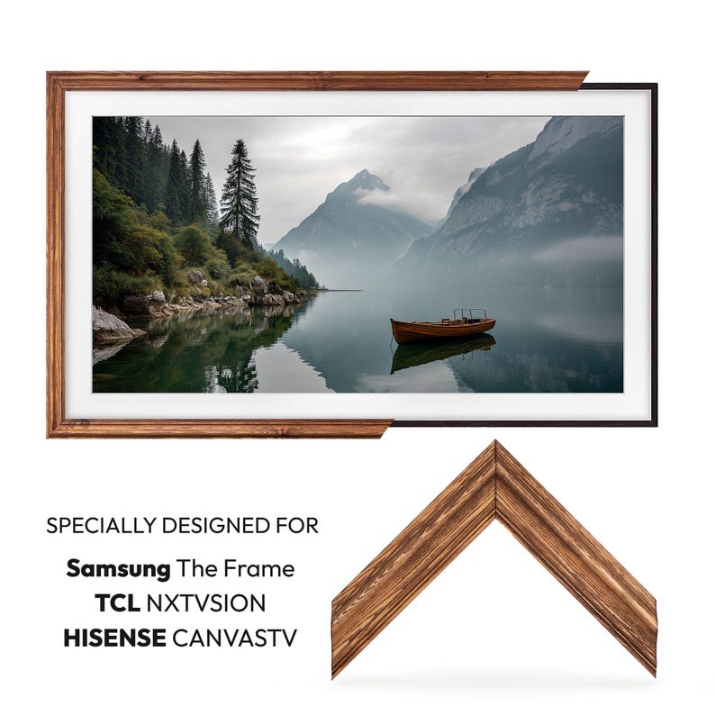 tv frame for tcl nxtvision bezel and Samsung The Frame handmade frames. Proffessional mountain photography with a boat and mountains tv art