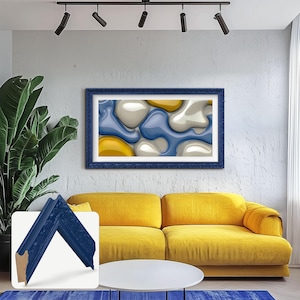 Art Deco interior, modern living room red and yellow interior, art deco navy blue sofa, art deco insporation, modern pop color living room, navy blue tv frame, navy blue ornate tv frame